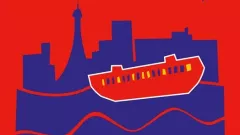 Bildbeschreibung: Französisches Filmplakat &quot;Sur L'Adamant&quot;. Abstrakte rot-blaue Darstellung der Skyline von Paris und eines Schiffs davor.