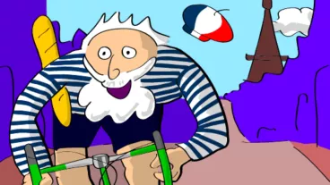 Zeichnung eines Radfahrers in Paris mit Baguette unter dem Arm