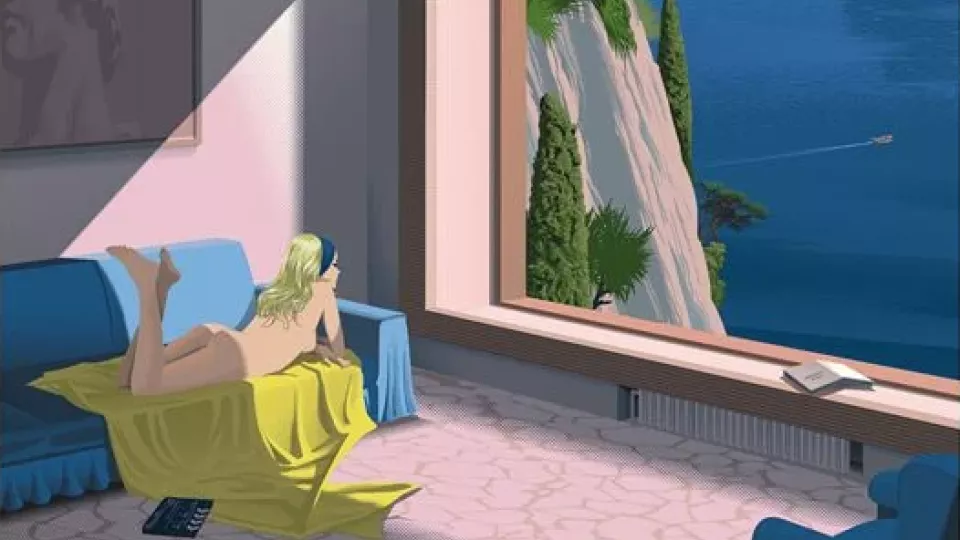 Bildbeschreibung: Französisches Filmplakat &quot;Le Mépris&quot;. Eine Frau liegt nackt auf dem Bauch auf einer gelben Decke auf einem blauen Sofa und schaut durch ein riesiges Fenster aufs Meer hinaus.