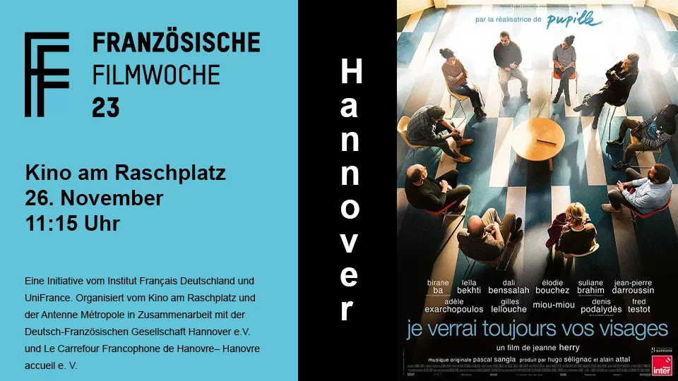 Bildbeschreibung: Französische Filmwoche 2023. Filmplakat "Je verrais toujours vos visages".